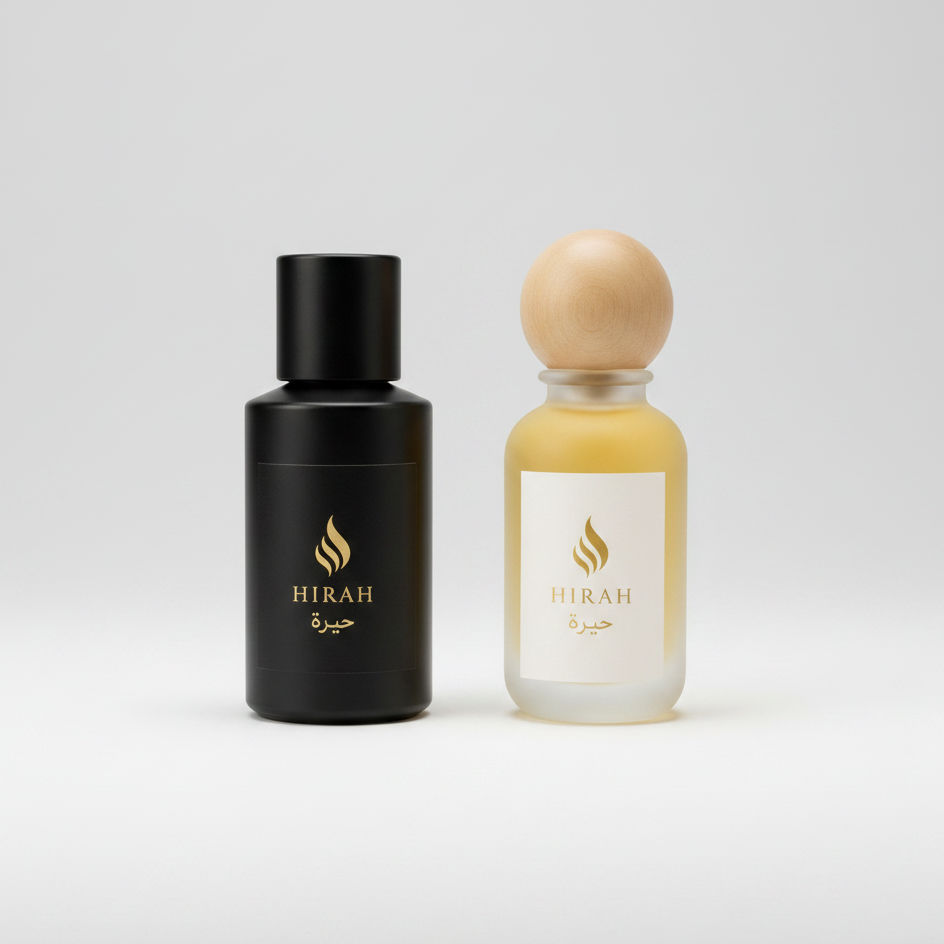 Hirah perfume duo packaging with Tuscan Leather and Oud Flower